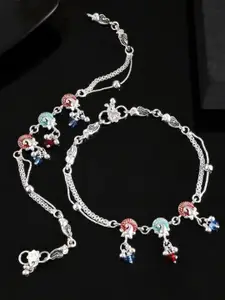 VOJ Set Of 2 Silver-Plated Traditional Peacock Shaped Artificial Beaded Anklets