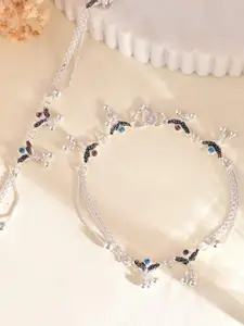 VOJ Set Of 2 Silver-Plated Stainless Steel Artificial Stones Studded Anklets