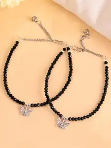 VOJ Silver-Plated Stainless Steel Butterfly Beaded Anklet