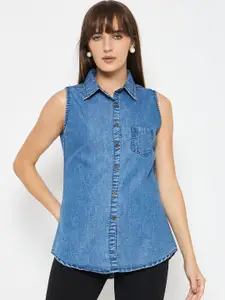 Ruhaans Women Classic Spread Collar Solid Denim Casual Shirt
