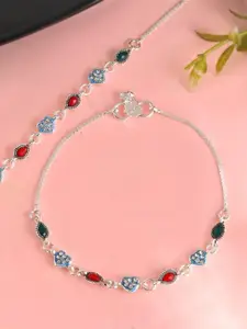 VOJ Silver-Plated Stainless Steel Heart Shaped Stone Studded Anklets