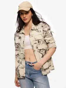 The Souled Store Women Spread Collar Graphic Printed Cotton Oversized Casual Shirt