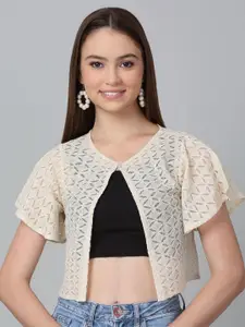 Dressitude Self Design Button Closure Cotton Crop Shrug