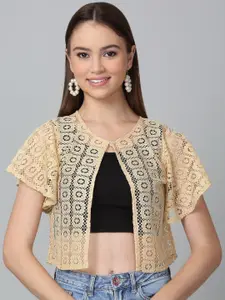 Dressitude Self-Design Flared Sleeves Button Closure Cotton Lace Long Shrug