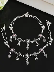 VOJ Set Of 2 Silver-Plated Stainless Steel Flower Shaped Stone Studded Anklets