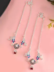 VOJ Set Of 2 Silver-Plated Traditional Flower Shaped Stones Studded Anklets