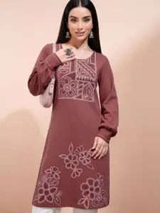 Vishudh Women Floral Printed Round Neck Long Sleeves Regular Straight Kurta