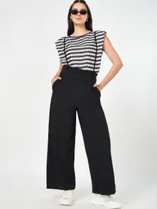 People Black Striped Round Neck Sleeveless Dungarees With T-Shirt