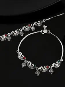 VOJ Set Of 2 Silver-Plated Meenakari Peacock Shaped Artificial Stones Studded Anklets