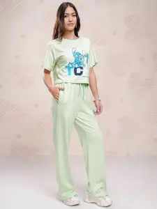 Tokyo Talkies Disney Women Stitch Printed Pure Cotton Boxy Fit T Shirt With Pant Co Ords