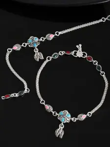 VOJ Silver-Plated Stainless Steel Stone Studded Flower Shaped Anklets