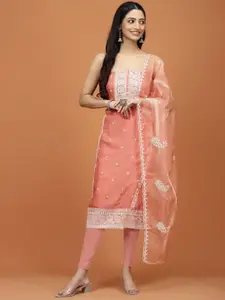 Meena Bazaar Floral Embroidered Organza Unstitched Dress Material