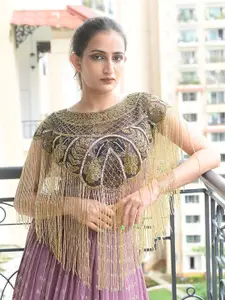 ODETTE Cutdana Embroidered Tasselled Crop Waterfall Cape Shrug