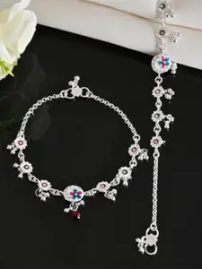 VOJ Set Of 2 Silver-Plated Traditional Circular Shaped Artificial Stones Studded Anklets