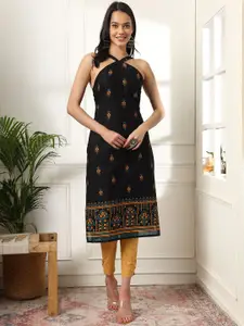 Anouk Black & Yellow Floral Printed Pure Cotton Straight Kurta
