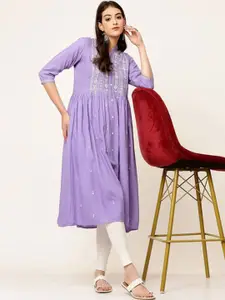 Amudee Fashion Floral Embroidered Mandarin Collar Three-Quarter Sleeves Regular Kurta