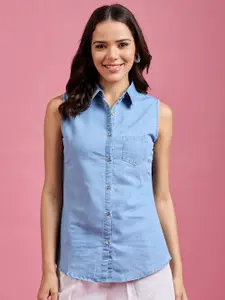 DressBerry Women Classic Spread Collar Solid Denim Casual Shirt