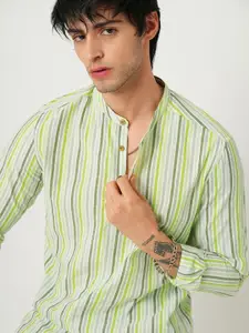 VASTRADO Striped Band Collar Cotton Straight Kurta