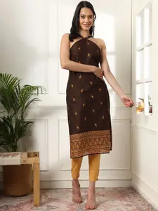 Anouk Brown & Beige Floral Printed Pure Cotton Straight Kurta