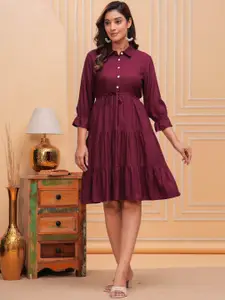BAESD Solid Shirt Collar Fit And Flare Dress