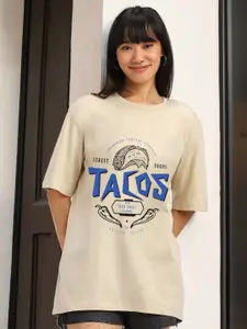 JUNEBERRY Women Typography Printed Round Neck Pure Cotton Oversized T-shirt