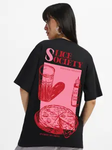 JUNEBERRY Women Graphic Printed Round Neck Pure Cotton Oversized T-shirt