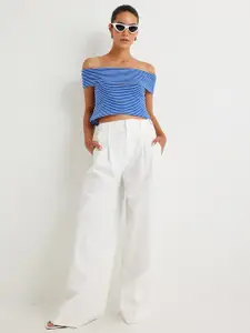 Koton Women Vertical Striped Off-Shoulder Cotton Top