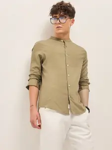 THE BEAR HOUSE Men Band Collar Solid Pure Cotton Slim Fit Casual Shirt