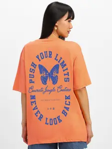 JUNEBERRY Women Typography Printed Round Neck Pure Cotton Oversized T-shirt