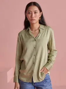 Prakriti Jaipur Women Spread Collar Solid Cotton Casual Shirt