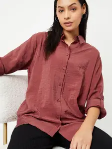 max Women Spread Collar Solid Cotton Casual Shirt