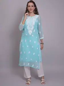 Seva Chikan Ethnic Motifs Embroidered Round Neck Three Quarter Sleeves Straight Kurta