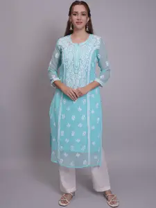 Seva Chikan Ethnic Motifs Embroidered Round Neck Three Quarter Sleeves Straight Kurta