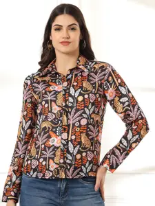 CHARMGAL Women Classic Spread Collar Floral Printed Satin Slim Fit Casual Shirt