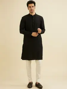 Manyavar Striped Thread Work Mandarin Collar Straight Kurta