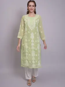 Seva Chikan Ethnic Motifs Embroidered Round Neck Three Quarter Sleeves Straight Kurta