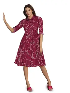 ODETTE Women Abstract Printed Cotton Shirt Collar Roll-up Sleeves Knee Length Shirt Dress