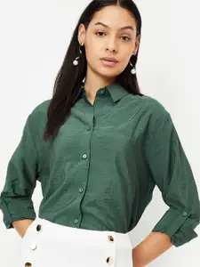 max Women Spread Collar Solid Cotton Casual Shirt