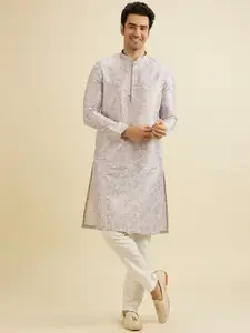Manyavar Floral Printed Thread Work Mandarin Collar Straight Kurta with Pyjamas