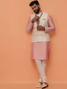 KISAH Mandarin Collar Straight Kurta With Churidar & Printed Nehru jacket