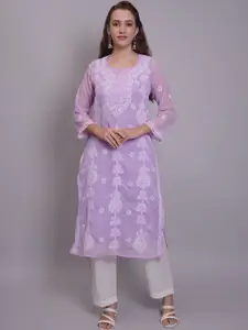 Seva Chikan Ethnic Motifs Embroidered Round Neck Three Quarter Sleeves Straight Kurta