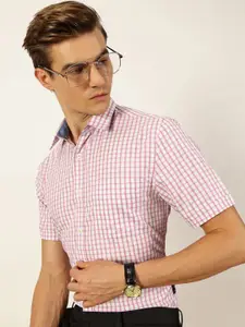 Thomas Scott Men Smart Spread Collar Gingham Checked Cotton Formal Shirt