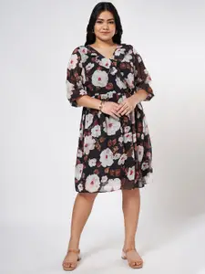 Honey Curvytude by Pantaloons Floral Printed Plus Size V-Neck Fit & Flare Dress