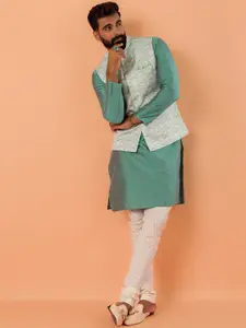 KISAH Mandarin Collar Straight Kurta With Churidar & Embroidered Nehru jacket