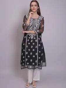 Seva Chikan Ethnic Motifs Embroidered Round Neck Three Quarter Sleeves Straight Kurta