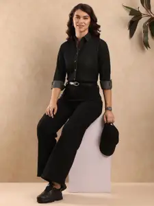 Gazillion Women Original Spread Collar Solid Denim Slim Fit Casual Shirt