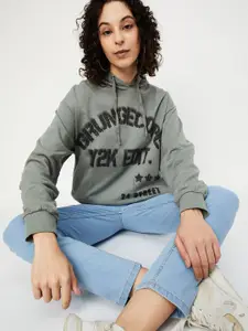 max Women Cotton Typography Printed Hooded Long Sleeves Pullover Sweatshirt