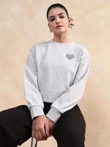 RAREISM Women Heart Applique Cotton Sweatshirt
