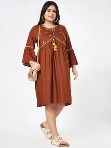 Honey Curvytude by Pantaloons Embroidered Plus Size Tie-Up Neck Bell Sleeve Empire Dress