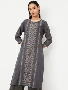 max Geometric Embroidered Round Neck Thread Work Cotton Straight Kurta